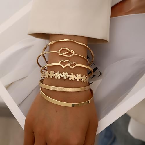 ÌF ME Gold Bangle Bracelets for Women, Indian Bangles Stackable Set, Multi Layer Textured 18K Gold Plated Chunky Bracelets Boho Jewelrys Set - style: gold-heart