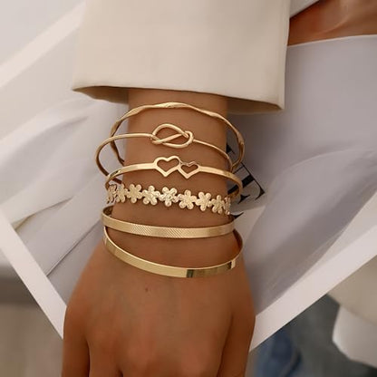 ÌF ME Gold Bangle Bracelets for Women, Indian Bangles Stackable Set, Multi Layer Textured 18K Gold Plated Chunky Bracelets Boho Jewelrys Set - style: gold-heart