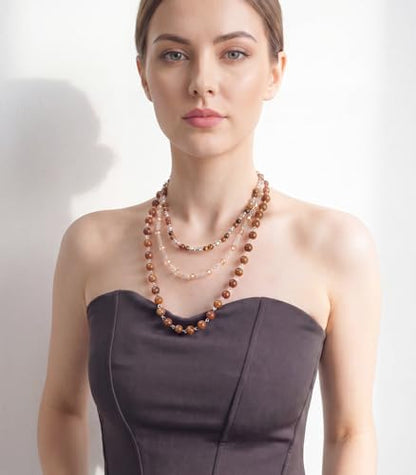 Noessla Layered Beaded Necklaces for Women - 3 Strand Boho Statement Choker Fashion Jewelry Gifts - color: Brown