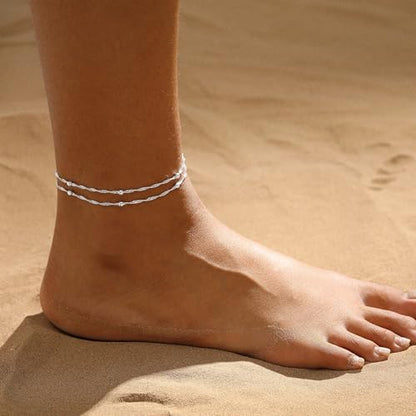 ASCOMY Ankle Bracelets for Women 14K Gold/Silver Plated Anklets for Women Waterproof Layered Cute Beads Dot Shining Twist Rope Chain Pearl Bar Link Heart Anklets Summer Beach Foot Chain Jewelry Gifts - style: Beads Link-sl