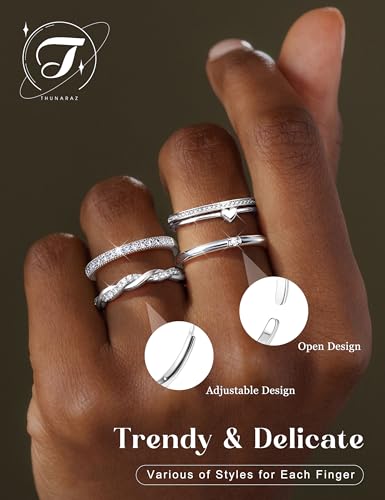 THUNARAZ 9Pcs Gold Stackable Rings for Women Non Tarnish Adjustable Rings | 14k Gold Plated,Open Adjustable Rings Set,Stack,CZ Thumb Ring,Statement Band Ring,Engagement Wedding Jewelry,Waterproof - color: Silver Tone