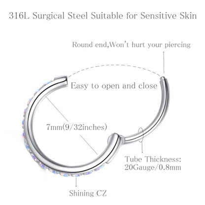 ORANGELOVE 20G 18G 16G Clear CZ Nose Ring Hoop 316L Surgical Steel Seamless Silver Septum Ring Clicker Jewelry Cartilage Earring Ear Piercing Hoop Earrings for Women Men Helix Rook Lobe Conch Tragus Daith Lip Hinged Piercing Jewelry with Cubic Zirconia -
