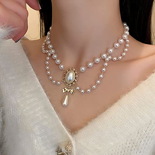 Women Bridal Vintage 1920s Imitation Pearl Necklace Layered Tassels Shiny Bow Choker Necklace Fashion Simple Necklaces for Women Party