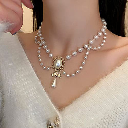 Women Bridal Vintage 1920s Imitation Pearl Necklace Layered Tassels Shiny Bow Choker Necklace Fashion Simple Necklaces for Women Party