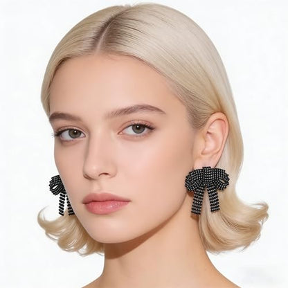 Rhinestone Earrings Dangling for Women Sparkly Silver Dangle Earrings Girls Long Chandelier Earrings Tassel Lightweight Ear Studs Cubic Zirconia (KE001S-W) - color: Bow BXE013BK
