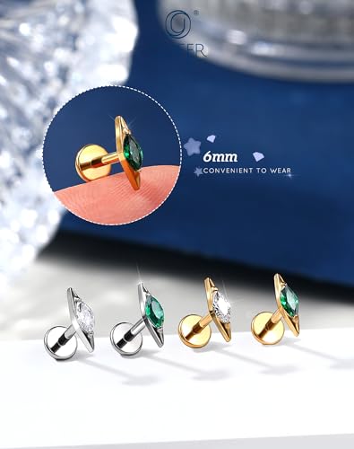 OUFER G23 Titanium Threadless Flat Back Stud, Marquise CZ Cartilage Earring, 18G Minimalist Helix Tragus Flat Piercing Jewelry for Sensitive Ears, 6mm Post - color: Gold- Green