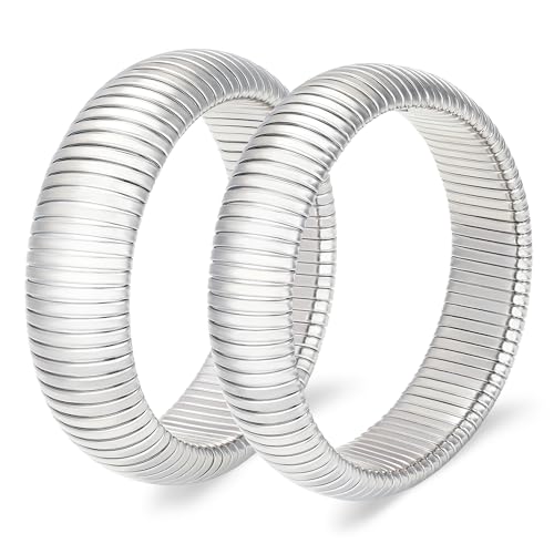 Gold Chunky Stretch Snake Chain Bangle Bracelets Stack for Women Trendy, 18K Gold Filled Stainless Steel Stretchy Womens Stackable Wristband Bangles Bracelet Set - style: SILVER 16MM 2PCS