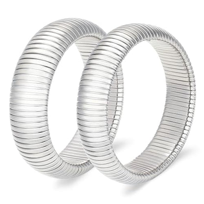 Gold Chunky Stretch Snake Chain Bangle Bracelets Stack for Women Trendy, 18K Gold Filled Stainless Steel Stretchy Womens Stackable Wristband Bangles Bracelet Set - style: SILVER 16MM 2PCS