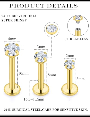 16G Internal Thread Flat Back Earrings Nose Studs 316L Surgical Steel Medusa Labret Monroe Lip Ring Tragus Forward Helix Conch Cartilage Lobe Earrings Stud Piercing Jewelry For Women Men - color: Gold-Clear CZ