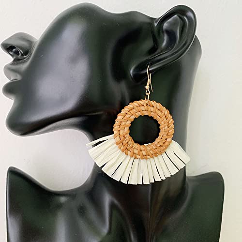 Bohemia Tassel Earrings Statement Handmade Dangle Ethnic Fringe Earrings Bamboo Weaving Geometric Square Sector Gifts for Women - color: round raffia
