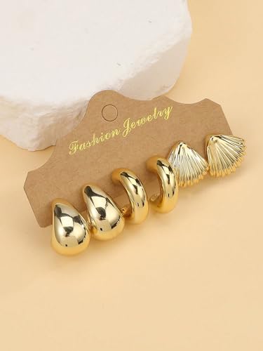 12 Pairs Chunky Gold Hoop Earrings for Women Trendy, Gold Plated Lightweight Hypoallergenic Stack, Thick Open Twisted Huggie Hoops Earring Set - color: 9 Pairs Gold Chunky