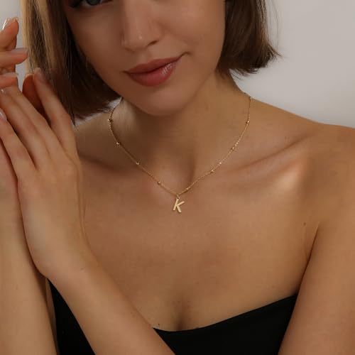 Initial Necklace for Women 14K Gold Silver Dainty Letter Necklace | Personalized Monogram Name Charm Pendant, Simple Bead Chain, Trendy Jewelry Gift, Non Tarnish - style: K