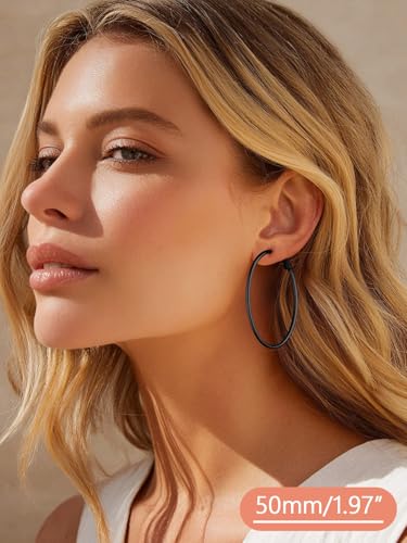 FaithHeart Silver/Black/Gold Stainless Steel Thin Hoop Earrings for Women | 2mm Wide Thin Large Hoop Earrings, Hypoallergenic Lightweight Trendy Jewelry, 20/30/40/50/60/70/80/90/100mm - color: Black, size: 50mm/1.97"