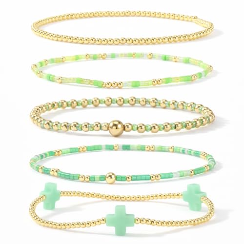 Gold Bracelets for Women, Beaded Cross Stack, Non Tarnish Set，Set-1 | Gold Beaded Bracelet Stack with Stretch Fit, Waterproof Finish and Dainty Design for Everyday Wear and Gifts - color: Colors-1