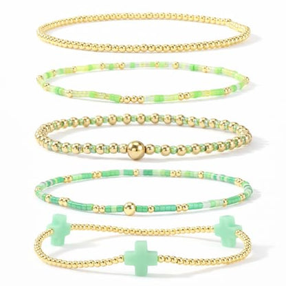 Gold Bracelets for Women, Beaded Cross Stack, Non Tarnish Set，Set-1 | Gold Beaded Bracelet Stack with Stretch Fit, Waterproof Finish and Dainty Design for Everyday Wear and Gifts - color: Colors-1