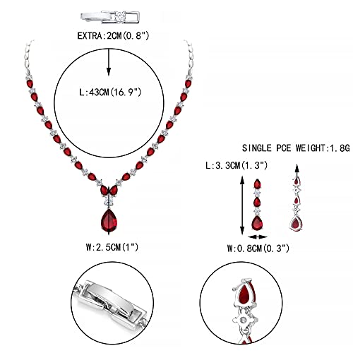EVER FAITH Pear Shaped Cubic Zirconia Bridal Wedding Jewelry Set for Women | Gorgeous Water Drop Bride Necklace Dangle Earrings, for Bride Bridesmaid - color: Red