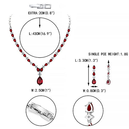 EVER FAITH Pear Shaped Cubic Zirconia Bridal Wedding Jewelry Set for Women | Gorgeous Water Drop Bride Necklace Dangle Earrings, for Bride Bridesmaid - color: Red