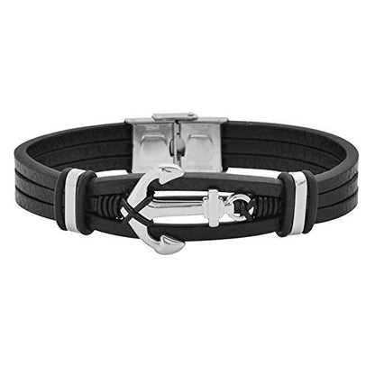 Men's Multi-Strand Genuine Leather Bracelet with Stainless Steel Anchor Pendant - color: Silver