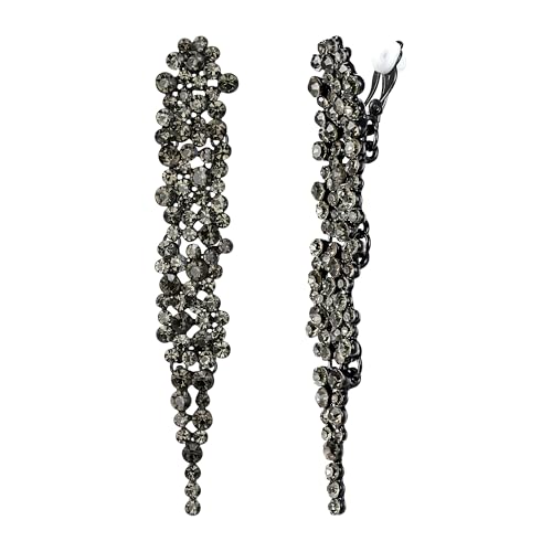 EVER FAITH Rhinestone Crystal Art Deco Statement Clip-on Earring, Wedding Prom Long Chandelier Dangle Earrings for Women - color: Gray Black-Tone