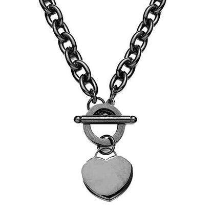 WangGao Elegent Love Stainless Steel Link Chain Blank Heart Charms Necklace for Women Toggle Clasp Closure - color: Black, size: 23.5inches