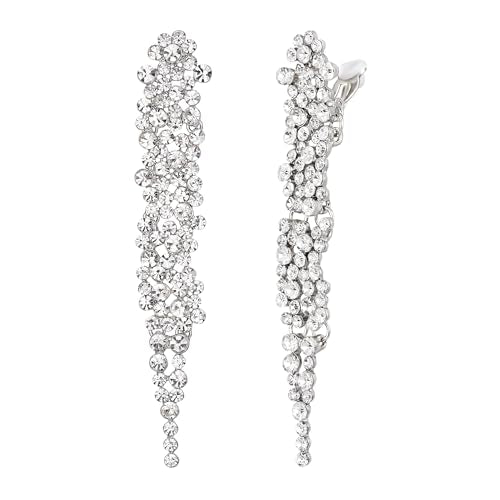 EVER FAITH Rhinestone Crystal Art Deco Statement Clip-on Earring, Wedding Prom Long Chandelier Dangle Earrings for Women - color: Clear Silver-Tone