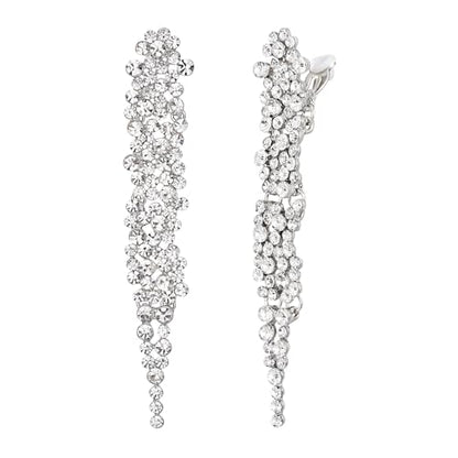 EVER FAITH Rhinestone Crystal Art Deco Statement Clip-on Earring, Wedding Prom Long Chandelier Dangle Earrings for Women - color: Clear Silver-Tone