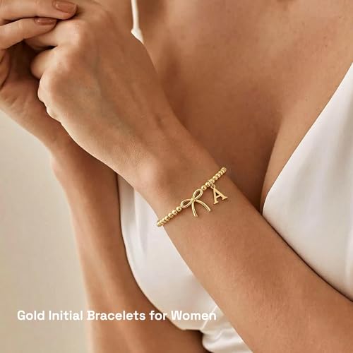 Letter A-Z Bracelets for Women Teen - Inital Beaded Bracelet with Bowknot Charm, Dainty Stretch Stackable Bracelet, Trendy Jewelry Gifts for Birthday Easter Basket Stuffers - style: Gold: S
