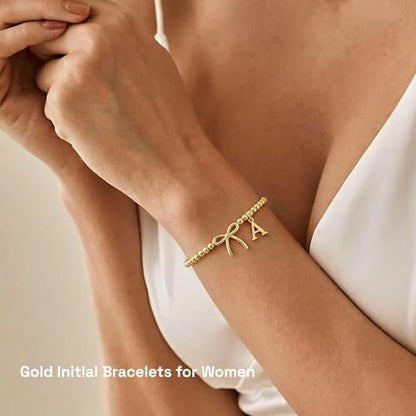 Letter A-Z Bracelets for Women Teen - Inital Beaded Bracelet with Bowknot Charm, Dainty Stretch Stackable Bracelet, Trendy Jewelry Gifts for Birthday Easter Basket Stuffers - style: Gold: A