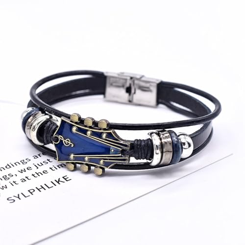 Angyape Retro Faux Leather Guitar Bracelet, Zinc Alloy Rock Music Guitar Leather Bracelet Punk Handmade Braided Multi-Layer Wrap Guitar Shape Decorative Cuff Bracelet Musical Enthusiast Gift - color: Black&Blue