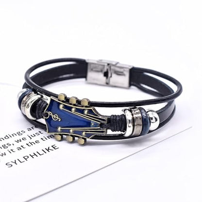 Angyape Retro Faux Leather Guitar Bracelet, Zinc Alloy Rock Music Guitar Leather Bracelet Punk Handmade Braided Multi-Layer Wrap Guitar Shape Decorative Cuff Bracelet Musical Enthusiast Gift - color: Black&Blue