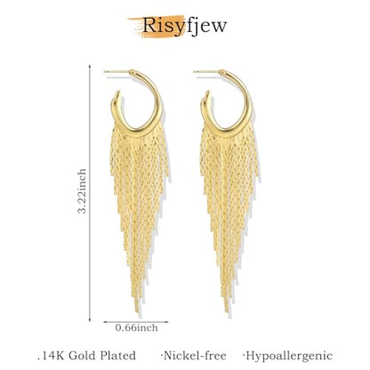 Gold Dangle Earrings for Women, 14K Threader Long Chain Drop Earrings Dangling Dainty Elegant Ear Chain with Tassel and Cubic Zirconia for Wedding Trendy Jewelry Gifts - color: Chunky Gold Tassel