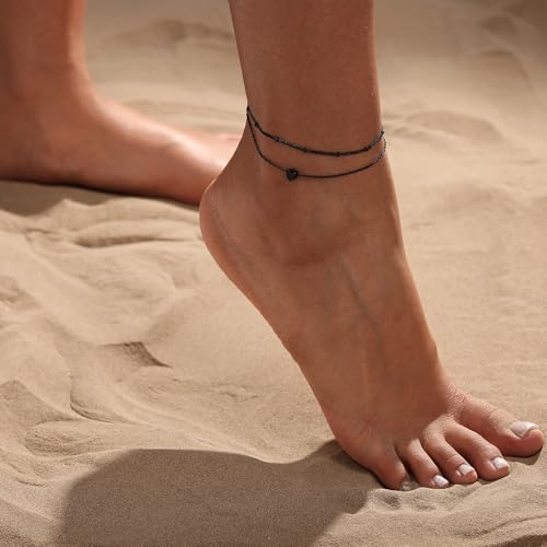 Ankle Bracelets for Women 14K Gold/Silver Plated Cross Heart Bead Anklet Waterproof Adjustable Chain Non Tarnish Cute Boho Trendy Dainty Summer Beach Foot Jewelry Gift for Her - style: 2 Layered Bead&Heart-BLK