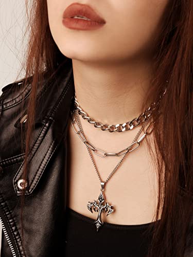 Sacina Gothic Layered Cross Choker Necklace, Goth Emo Grunge Necklace, Goth Jewelry, Halloween Christmas Jewelry Gift - color: Silver