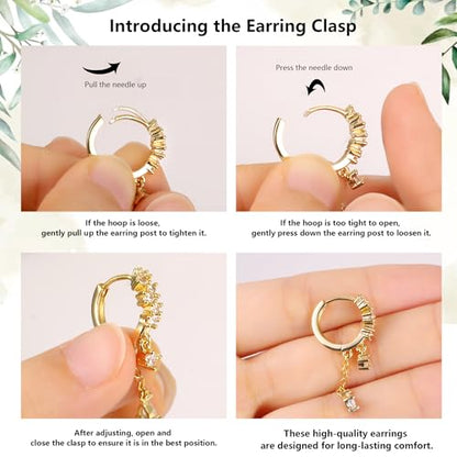 Silver CZ Dangle Earrings Hoop Leverback Drop Earrings Jewelry in Gifts Box | Hypoallergenic Elegant Cubic Zirconia Lightweight Drop Sliver /14k Gold Chain Drop Earring Jewelry for Women Daily Wear - color: Gold