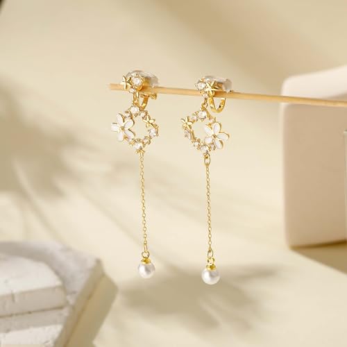 Awinesn Clip on Earrings Dangle Pearl Drop Clip Earrings for Women Trendy Dangle Chain Dainty Flower Wedding Earrings for Brides 14K Gold Plated Statement Non Pierced Earrings for Women Sparkly Jewelry - style: fugu-baiflower-g
