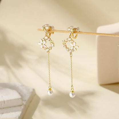 Awinesn Clip on Earrings Dangle Pearl Drop Clip Earrings for Women Trendy Dangle Chain Dainty Flower Wedding Earrings for Brides 14K Gold Plated Statement Non Pierced Earrings for Women Sparkly Jewelry - style: fugu-baiflower-g