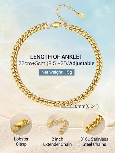 PROSTEEL Ankle Bracelets for Women, Silver/Gold/Black, Waterproof Anklets | Waterproof, Stainless Steel, Summer Beach Jewelry, Durable & No Tarnish, Come with Gift Box, 8-10.5" Adjustable, Plus Size - color: A: gold-thick cuban chain-6mm