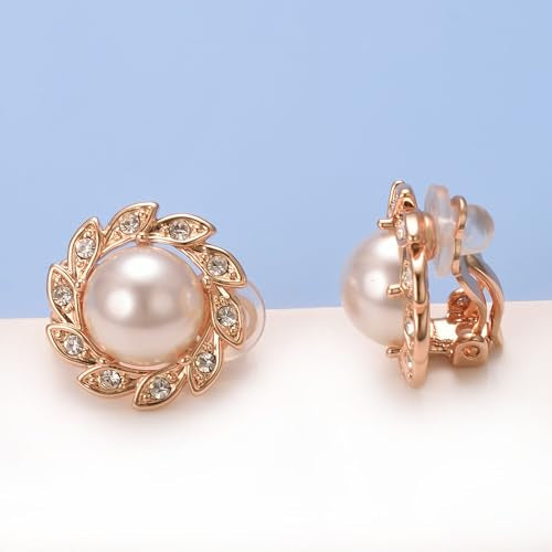 Vintage Pearl Clip On Earrings for Women Silver Rhinestone Earrings | Non Pierced Earrings 18K Rose Gold Plated Large White Pearl Earring Wedding Jewelry