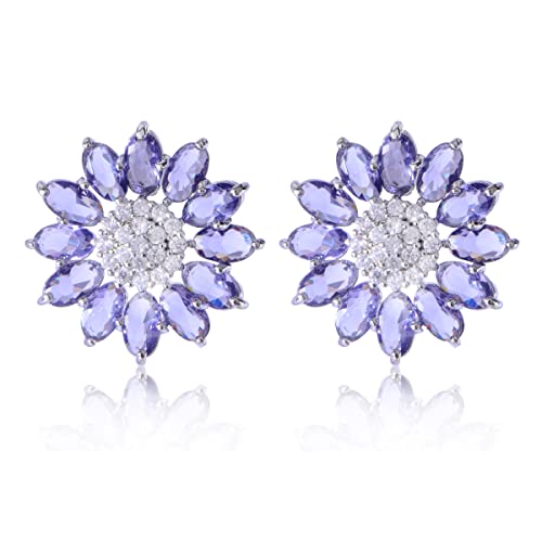 Crystal Flower Burst Stud Earirings - Big Sterling Silver CZ Cubic Zirconia Rhinestone Daisy Sunflower Floral Cluster Studs Bridal Wedding Party Prom Costume Jewelry for Bride Bridesmaids Women Birthstone Birthday Gift - color: Purple