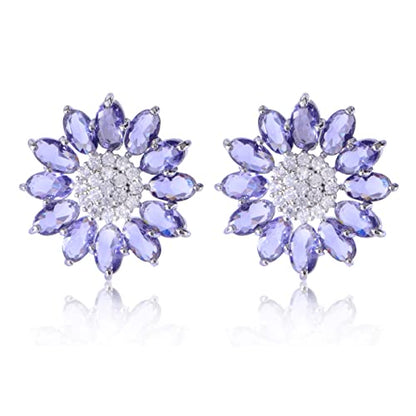 Crystal Flower Burst Stud Earirings - Big Sterling Silver CZ Cubic Zirconia Rhinestone Daisy Sunflower Floral Cluster Studs Bridal Wedding Party Prom Costume Jewelry for Bride Bridesmaids Women Birthstone Birthday Gift - color: Purple
