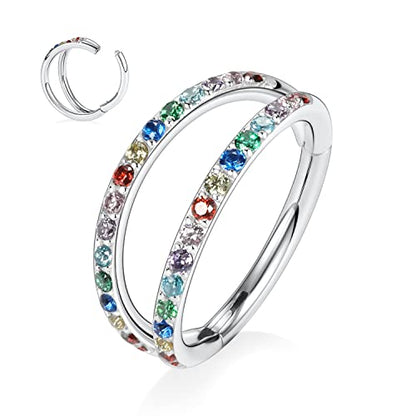 GAGABODY Conch Piercing Double Open Stack with CZ 16 Gauge Hoop Earrings 18g Septum Jewelry 20g Septum Ring Daith Earrings 316L Surgical Steel Lip Rings Helix Rook Cartilage Earrings Hoop - color: Style13:Silver+Double Hoop Rainbow CZ
