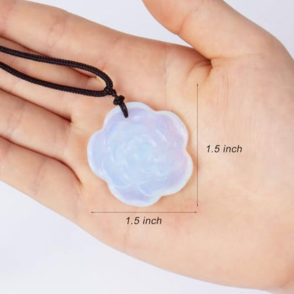 Crystal Flower Pendant Necklace for Women, Hand Carved Sculpted Flower Bloom Charm, Healing Stone Jewelry Gift for Her Mom Girlfriend - color: White