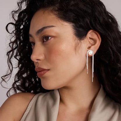 Robaice 14K Gold Plated Dangle Earrings for Women, Long Drop Earrings | Dainty Tassel Earrings Trendy, Hypoallergenic Dangling Lip Block Snake Chain, Threader Earrings for Women, Jewelry Gifts - color: Silver 1