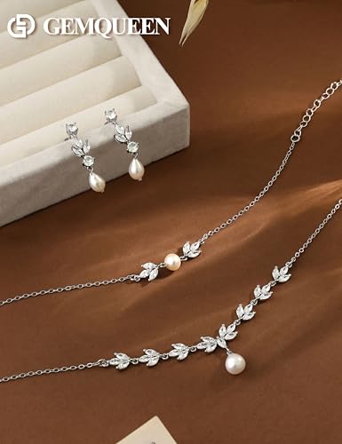 14K Gold Plated Pearl Jewelry Set 925 Sterling SIlver Post | Dainty Dangle Earrings Adjustment Pearl Necklace Bracelet Wedding Jewelry Sets for Bride Bridesmaid Trendy - color: Silver 2