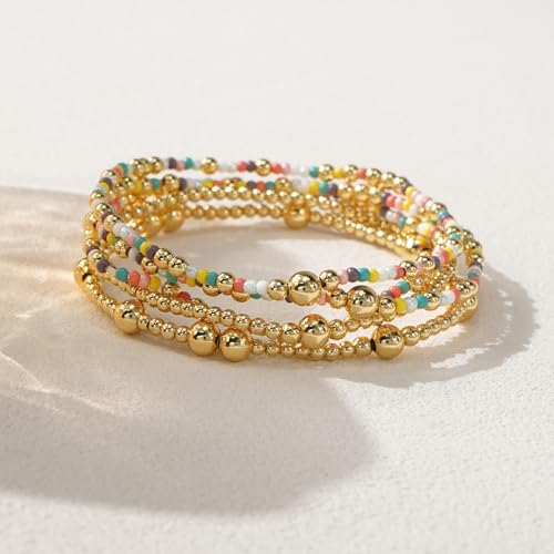 Stack Small Seed Bead Bracelets Set for Women, Boho Handmade Colorful Stretch Accessories Jewelry, Summer Beach Daily Wear Holiday Friendship Gift - color: Rainbow