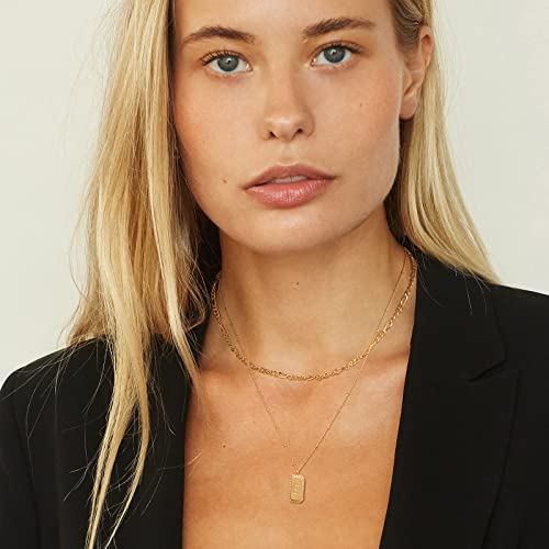 Gold Initial Necklace for Women 14K Gold Plated Figaro Chain Choker Layered Necklaces Set Bar Rectangle Pendant Necklaces Simple Dainty Letter Necklace Everyday Gold Jewelry - style: Letter E