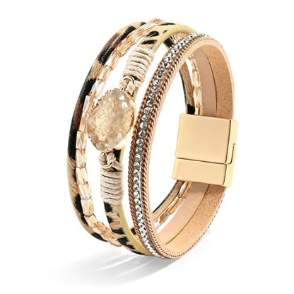 Wrapped Bracelets for Women,Leather Boho Bracelets for Women - color: Beads-Leopard