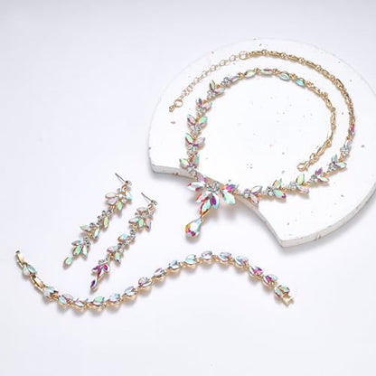 EVER FAITH Marquise Crystal Leaf Bridal Prom Jewelry Set for Women Bride | Rhinestone Wedding Party Necklace Dangle Earrings Tennis Bracelet, for Bridesmaid - color: Iridescent AB Gold-Plated-Base