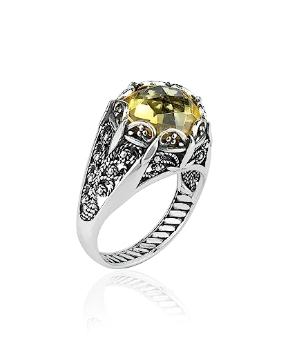 Filigranist 925 Sterling Silver Filigree Art Women Mini Dome Cocktail Ring with Gemstone, Gift Boxed - color: Citrine