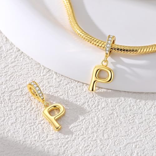 Hapour Gold Initial Letter Charms 925 Sterling Silver Alphabet Beads | 14K Gold Plated, A-Z Letter Charms, For Bracelets Necklace, Cubic Zirconia, DIY Dangle Pendant Beads, For Women Mom - color: Golden initial letter P